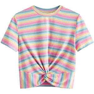 เสื้อยืดครอปสีชมพูสำหรับผู้หญิง แขนสั้น คอกลม พิมพ์ลายแฮปปี้ ลำลอง ทรงหลวม ผ้าเจอร์ซีย์คอตตอน เสื้อท่อนบนสำหรับฤดูใบไม้ผลิและฤดูร้อน - Product Image 5
