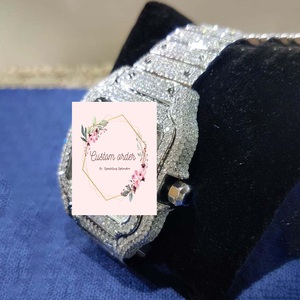 Montre analogique de haute qualité en acier inoxydable avec verre carré, sertie de moissanite, style hip-hop, chiffres bleus - Product Image 2