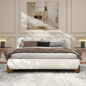 Cama Queen Moderna Estilo Alpino con Plataforma, Tapizada en Bouclé Blanco Marfil - Product Image 2