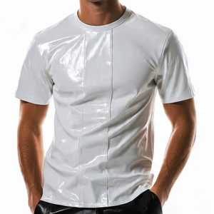 Men's Black Shiny PU Leather Short Sleeve Crew Neck T-<b>Shirt</b> Casual Solid Color Summer Wear - Product Image 6