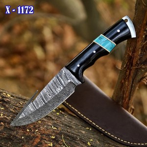 Couteau de chasse/découpe de peau OEM DIY RB Knives RB-H550 en acier Damas à lame fixe avec manche en résine |   Couteau de camping d'extérieur avec ceinture en cuir - Product Image 1