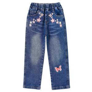 Girls Trendy Floral Embroidered Regular Fit Straight Leg Denim <b>Jeans</b> <b>Elastic</b> <b>Waist</b> Polyester/Cotton Vintage Style Full Length - Product Image 1