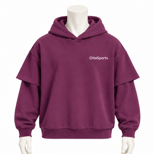 Plum Double Layer Hoodie <b>Oversized</b> Short Sleeve Overlay Long Sleeve Pullover <b>Vintage</b> Streetwear Loose Fit Hooded <b>Sweatshirt</b> - Product Image 1