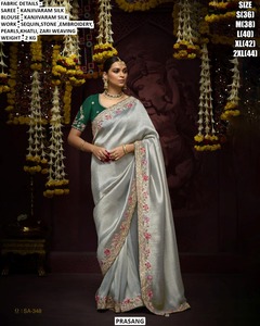 Sari Tradicional de Seda Kanjivaram Color Muse para Mujer - Absorbe la Humedad y No se Arruga - Product Image 1