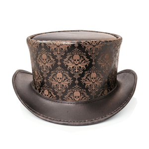 Chapeau haut de forme en cuir véritable personnalisé, imprimé crâne marron, damassé, style gothique steampunk, accessoires vestimentaires - Product Image 2