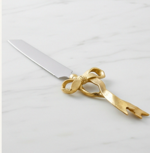 Juego de 2 piezas de cuchillo para cortar y servir pasteles de acero inoxidable con mango de lazo dorado, para fiestas y bodas. - Product Image 3