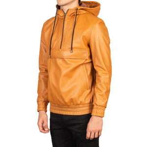 Men's Tan Genuine Leather Hooded Quarter-Zip Jacket Casual Slim Fit Autumn Wear - Product Image 2