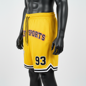 Short de basketball respirant en maille polyester 160 GSM, jaune doré, avec patch brodé et logo personnalisé - Product Image 3