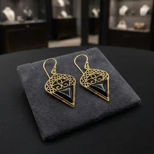 Pendientes de Latón con Ónix Negro Natural, Pendientes Colgantes Hechos a Mano con Piedras Preciosas, Joyería al por Mayor - Product Image 3