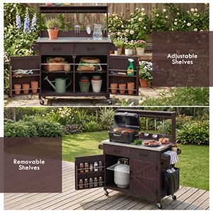 54.1\" Outdoor <b>Kitchen</b> Island Storage Cabinet with <b>High</b> Shelf Large Potting Bench <b>Table</b> Stainless Steel Top S Size - Product Image 5
