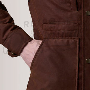 Veste en toile cirée marron pour homme, résistante à l'eau, à capuche, veste de plein air décontractée, coupe ajustée, veste de campagne en coton avec poches - Product Image 5