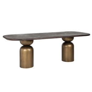 Table à manger moderne de luxe en bois de manguier massif, plateau octogonal brun, avec base en métal doré à deux pieds, pour cuisine de villa. - Product Image 1