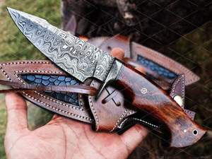 Cuchillo Táctico de Supervivencia para Camping y Aire Libre, Hoja Fija de Acero de Damasco, Punta Caída, Hecho a Mano, con Funda y Mango de Madera de Palisandro Natural, OEM - Product Image 6