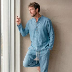 Custom Men's White Linen 2 Piece Set Summer Beach Casual Long Sleeve Henley Shirt - Product Image 6