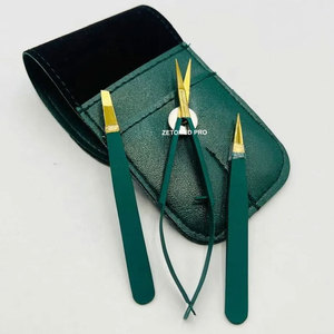 Ensemble de pinces à épiler et de ciseaux pour sourcils, couleur verte, avec étui, en acier inoxydable, usage professionnel, outils de façonnage et de coupe des sourcils - Product Image 1