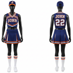 Uniforme de cheerleading pour femmes, tissu poly-spandex GSM Premium, design à panneaux bleu-orange-blanc, logo brodé, uniforme de cheerleader - Product Image 5