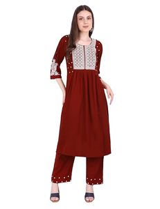 Conjunto de Kurta SAZU Maroon Nayra-Cut para Mujer en Mezcla de Algodón Suave, Kurti Bordado en Línea A, Pantalones Rectos, Conjunto Étnico Elegante - Product Image 5