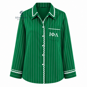 Iota Phi Lambda Women's Striped Pajama Set Button Front Long Sleeve Sleepwear Contrast Trim Lounge <b>PJs</b> With Drawstring Pants - Product Image 2