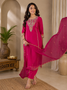 Rayon Slub Soft Net <b>Women</b> Traditional <b>Kurta</b> Pant Dupatta Set Indian Ethnic Wear Embroidered Border Party Wear Set <b>for</b> All Season - Product Image 2