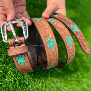 เข็มขัดลูกปัดหนังวัวตะวันตกเข็มขัดลายดอกไม้หนังแท้ผลิตตามสั่ง - Product Image 3
