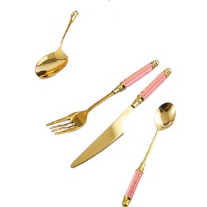 Ensemble de couverts en acier inoxydable doré de luxe, fourchette, couteau, cuillère à manche rose, vaisselle élégante pour restaurants, hôtels et cadeaux - Product Image 1