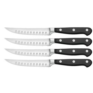 Ensemble de 4 couteaux à steak durables avec des lames en acier inoxydable lisses et des manches noirs confortables à triple rivet pour les repas en cuisine - Product Image 1