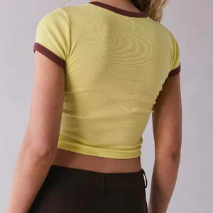 Wholesale Women Full Sleeve Ribbed Cotton Spandex Heavyweight 120g Streetwear Solid Breathable Quick Dry Summer Regular T Shirts - Product Image 4
