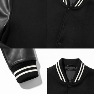 Veste varsity noire premium avec manches en cuir contrastées, veste letterman noire, manches en cuir, vestes varsity personnalisées - Product Image 4