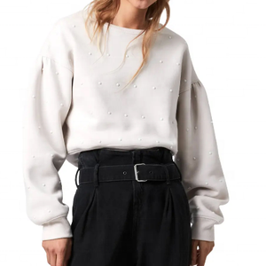 Sudadera de punto de algodón y bambú con lentejuelas de cristal y bordado frontal para mujer, cuello redondo, manga larga, holgada, para otoño - Product Image 2