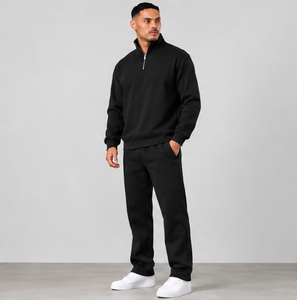Custom Private Label Black Tracksuit <b>Men</b> <b>Half</b> <b>Zip</b> <b>Sweatshirt</b> Jogger Sports Set - Product Image 2