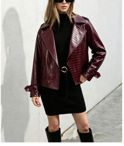 Burgundy Crocodile Embossed PU <b>Leather</b> <b>Jacket</b> With Belt Turn-down Collar Moto Style Autumn Outerwear Private Label apparel - Product Image 1