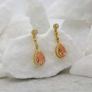 ต่างหูเงินแท้ 925 ชุบทอง 14K ประดับมอร์แกไนต์ทรงหยดน้ำ สีพีช งานแฮนด์เมด ของขวัญสุดหรูสำหรับผู้หญิง ใส่ไปงานปาร์ตี้ - Product Image 1