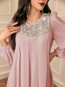 Vestido de Noche Largo para Mujer, Estilo Modesto, Liso, Recto, de Gasa, con Manga Regular, Cuello Transpirable, Ecológico, Cintura Natural, Sencillo - Product Image 6