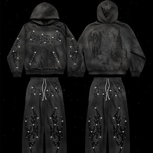 Conjunto de Sudadera con Capucha y Pantalones Acampanados de Algodón Pesado con Lavado Ácido, Bordado, Estilo Urbano Vintage, con Cremallera, Personalizado para Invierno - Product Image 1