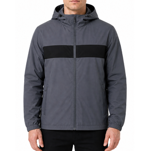 OEM Custom Men's Water Resistant Lightweight Athletic Windbreaker <b>Jacket</b> Dark Gray Contrast Black Chest Stripe <b>Zip</b> <b>Up</b> <b>Jacket</b> - Product Image 1