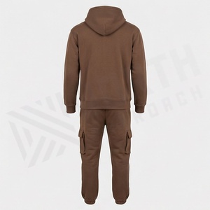 <b>Men's</b> Brown Hooded <b>Tracksuit</b> Full Sleeve Cargo Pants Set Casual Wear Printed Logo Front Drawstring Closure 100% Cotton Midweight - Product Image 2