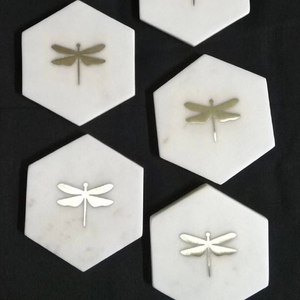 Trending Style <b>Marble</b> <b>coaster</b> Set With Brass Gold Dragon Fly Design Coffee & Wine Table Decoration Non Slip Mats & pads Placemat - Product Image 4