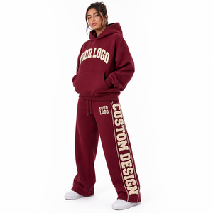 Oversized <b>Sweatsuit</b> Set <b>Women</b> Custom Woven Patch Embroidery Elastic Waistband Drawstring Heavyweight Cotton Fleece Tracksuit - Product Image 2