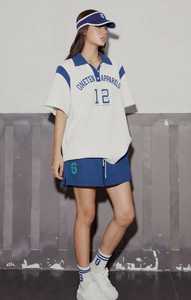 Women's White Color Block <b>Polo</b> Shirt Short Sleeve Turn Down Collar <b>Top</b> with Blue Shorts - Product Image 3
