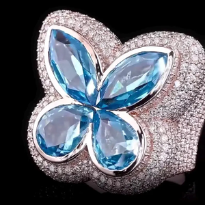 Luxury Blue Butterfly Moissanite Radiant Cut Prong Set 925 <b>Silver</b> Rhodium Plated Pave Gemstone <b>Statement</b> <b>Ring</b> For Unisex - Product Image 3