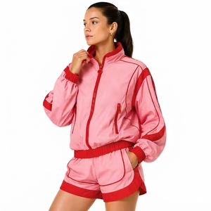 Women's Pink Red Color Blocked Sporty 2 Piece <b>Shorts</b> Set Full Sleeve Zipper Regular Fit Breathable Polyester/Cotton <b>Sequined</b> - Product Image 6