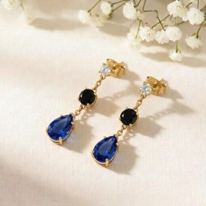 Elegant Sapphire & Black Obsidian Pear Drop <b>Earrings</b> CZ Accent Minimalist Handmade Gemstone <b>Stud</b> Dangle <b>Earrings</b> Gift For Her - Product Image 2