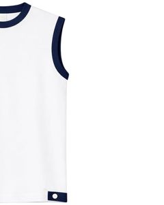 Customized Men White Sleeveless Tank Top And Shorts <b>Set</b> Casual Summer Cotton Outfit Navy Blue Trim Drawstring Two Piece <b>Set</b> - Product Image 3