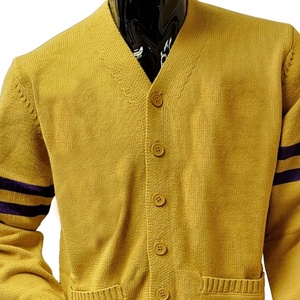 Cardigan tricoté jaune pour femme, col en V, manches longues, avec rayures violettes et boutons, pull décontracté classique - Product Image 2