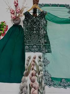 <b>Green</b> Embroidered Salwar Kameez Set for Women Traditional Indian Pakistani Outfit with Sheer Dupatta Wedding Party Wear - Product Image 2