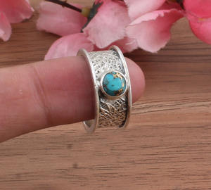 Vintage Blue Patina Sterling <b>Silver</b> Turquoise Bezel Setting <b>Ring</b> Handmade Distressed Wide Band <b>Men</b> Women Jewelry Antique <b>Wedding</b> - Product Image 1