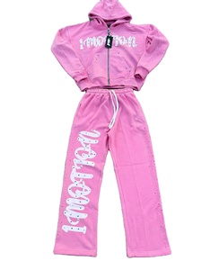<b>Pink</b> Eco-Friendly Solid Tracksuit Set Hooded Zipper <b>Sweatshirt</b> Pants Casual Winter Wear Full Length 100% Cotton - Product Image 1