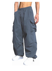 Men's Beige Cotton Cargo Pants Elastic Waist Drawstring Multiple Pockets Casual Autumn Wear Midweight Knitted <b>Harem</b> Style - Product Image 3