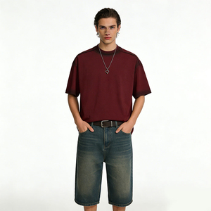 T-shirt en coton uni surdimensionné pour homme 2026, col rond, manches courtes, style streetwear décontracté, avec bordure contrastante en jersey tricoté - Product Image 1