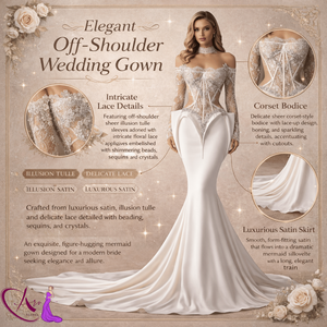 Robe de mariée sirène en dentelle blanche |   Robe de mariée élégante à épaules dénudées, manches longues, design corset ajusté, longueur ras du sol - Product Image 6